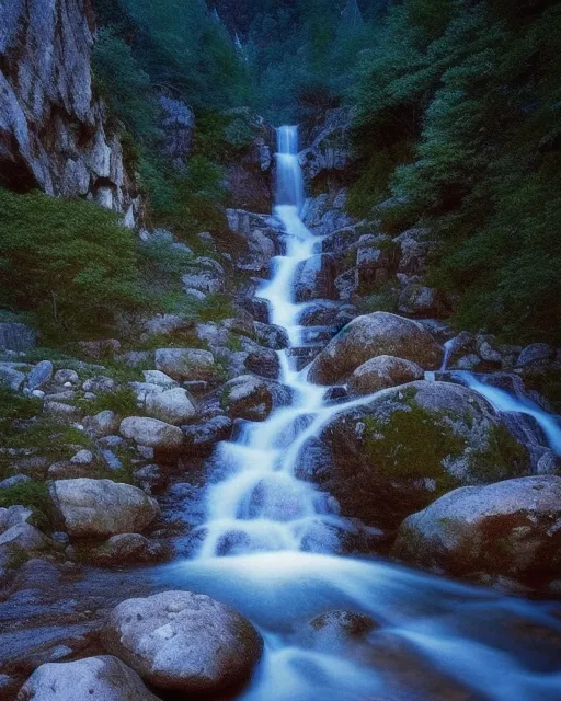 The magnificent waterfall cascaded down the rocky mountain, shimmering in the moonlight above. The water rippled and flowed, creating a delicate, glistening mist that enveloped the rocks and trees around it. The sound of the water was hypnotic, and the way it danced and sparkled in the moonlight was truly enchanting. The mountain stream below flowed calmly, the water crystal clear, reflecting the moon's glow, and completing the picturesque scene.