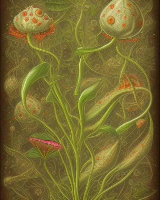 voynich manuscript style illustration of piranha plants. Man eating plants  