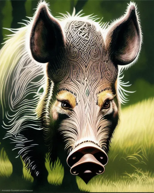 Celtic wild boar, tribal, fantasy art, concept art, hyperrealism, elaborate, meticulous, ethereal