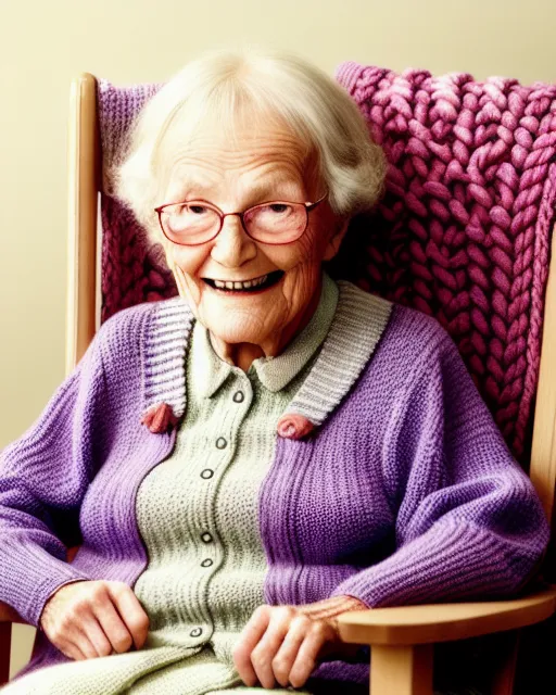 Old granny grins knits her chair - Free AI Photo Generator - starryai