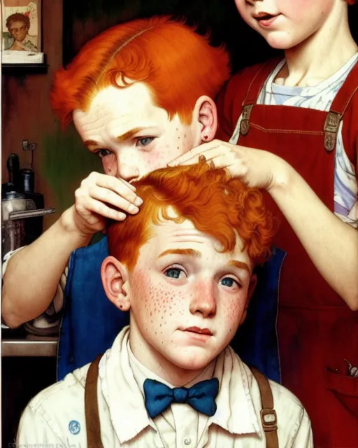 Red haired boy getting a haircut, nervous face, freckles, norman rockwell, detailed, retro, humor