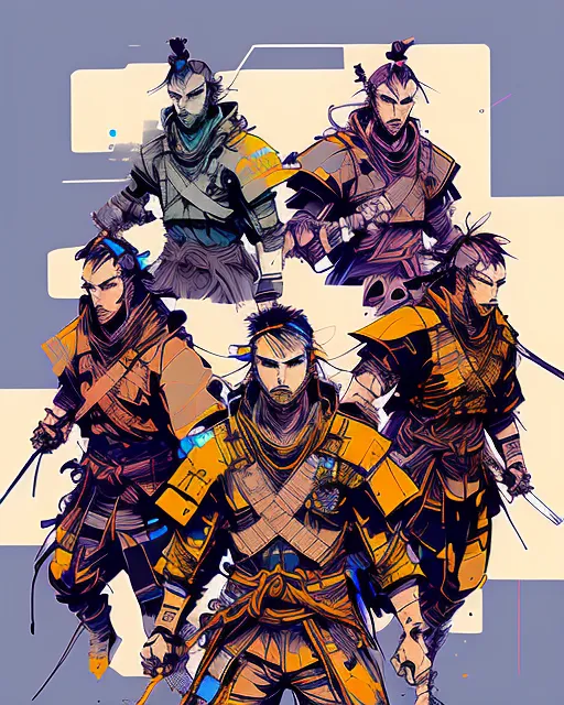Five samurai warriors in battle armor 