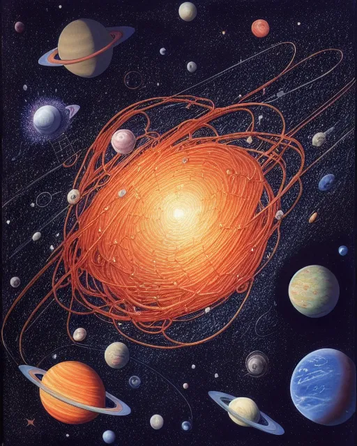 Outer Space is full of spaghetti.                                               hyperdetailed, floating in space,  cosmic, planets, stars, realism, colour, 