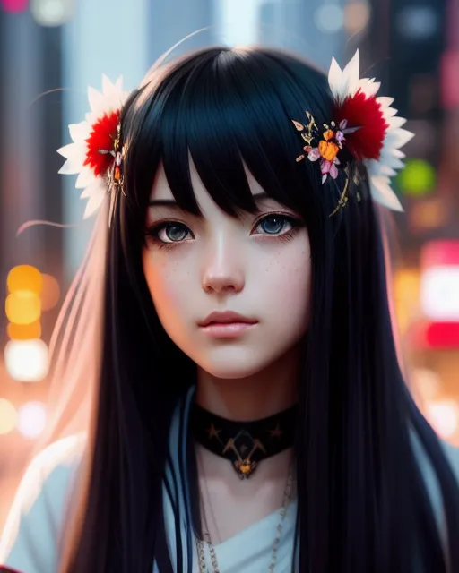 Anime girl bangs long black straight - AI Photo Generator - starryai