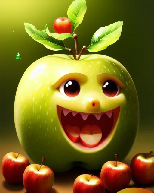 vinchi, masterpiece:, concept art,best quality,very cute appealing anthropomorphic apple,looking at the viewer,big grin,happy,fruit,berry,droplets,macro,sunlight,fantasy art,dynamic composition,dramatic lighting,epic realistic,award winning illustration