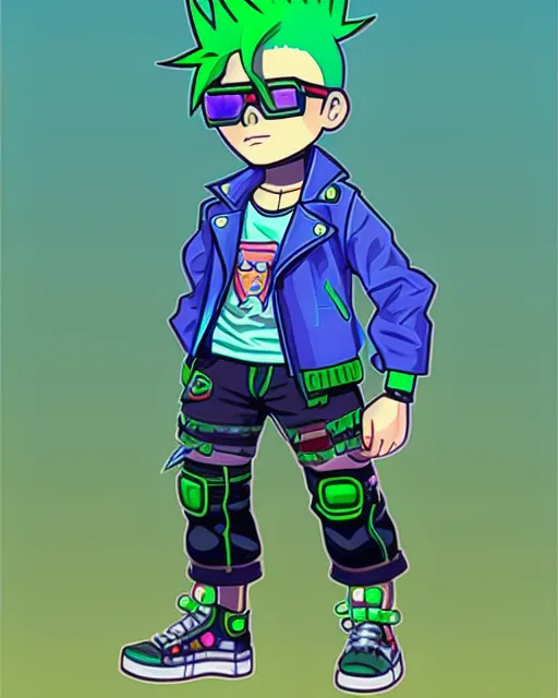 2D game sprite of a cyberpunk boy with a green mohawk, sunglasses,blue jeans and red sneakers facing forward