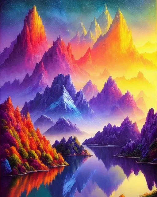 Mountain View ,  realistic and natural,  detailed full-color,  hd photography,  fantasy by john stephens,  galen rowell,  david muench,  james mccarthy,  hirō isono,  magical,  detailed,  gloss, fantasy art, galactic, beautiful, colorful, vibrant