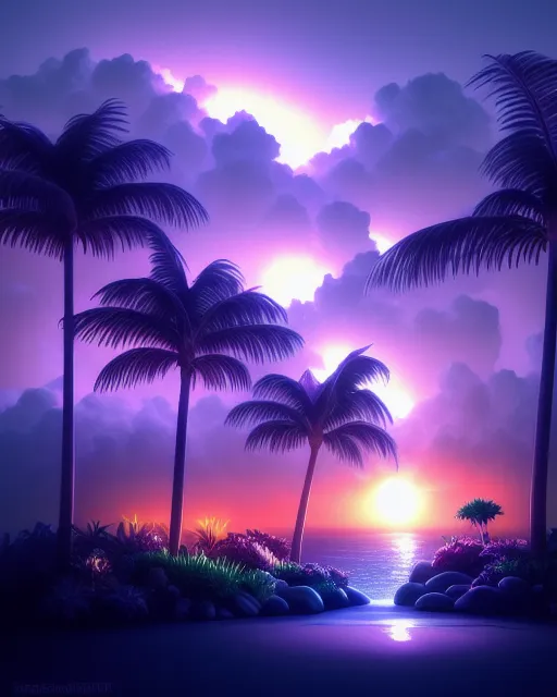 Viewing a lighting storm with dark clouds from a beach with palm trees and waves the lighting is brilliant and bright multiples of neon,photo realistic, very detailed,digital 4k art,WolfTokenart Foggy , pastels, hues au naturel,ethereality, florescent,natural light reflections and shadows,foggy mist ,mild waves, sunset light across the land , chromatic hues haloing the plants and tree tops, radiant,glowing atomically, fantasy scape,nature scene,by WolfTokenart 