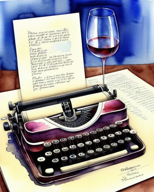 Wine, typewriter, glasses, , beautiful watercolor painting,  realistic,  detailed,  painting by olga shvartsur,  svetlana novikova,  fine art,  soft watercolor