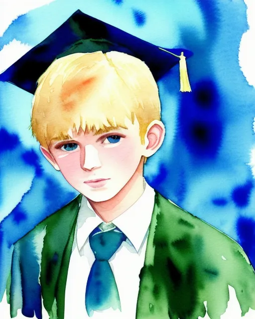 A watercolor in blues and greens of a tall blonde boy graduating