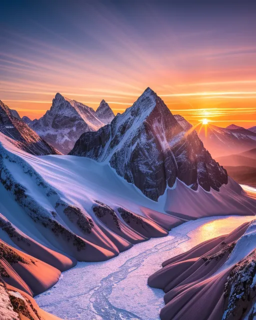 Sunrise over snowy mountains - Free AI Photo Generator - starryai