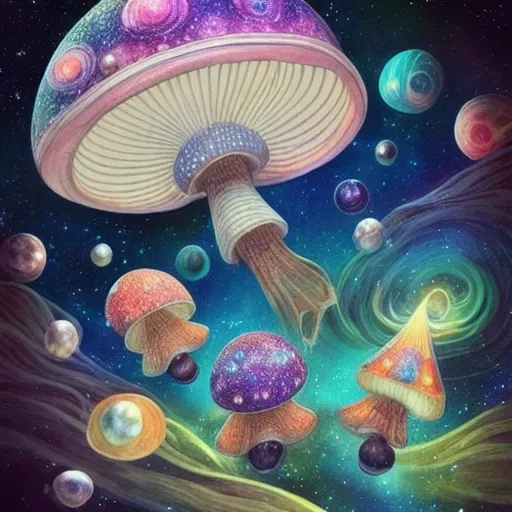 Space mushrooms, cute, adorable mushrooms, beautiful, detailed, space, stars, moon, planets, hyperdetailed, intricate, elaborate, expansive, astral, galactic, beautiful, complex, cosmic, space, iridescent, infinity, astral, colorful, cosmic, space, intricate, elaborate, vibrant, ethereal, expansive, aurora, galactic, colorful, space, photorealistic, photorealistic, fantasy art, johan grenier, felix kelly, Anna Dittmann, james jean, greg rutkowski, radiant, serene, mysterious, iridescent