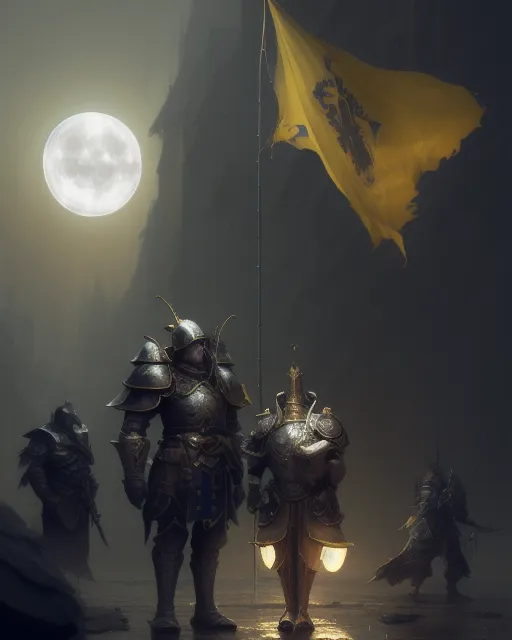 The sainted paladin and his squire. Steel armor shimmers under a pale moon. A yellow banner signals his allegiance.