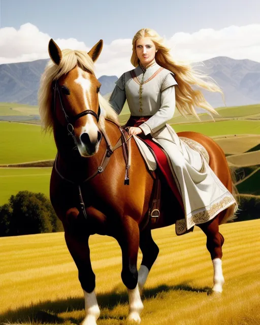 {Yong woman riding horse through - Free AI Photo Generator - starryai