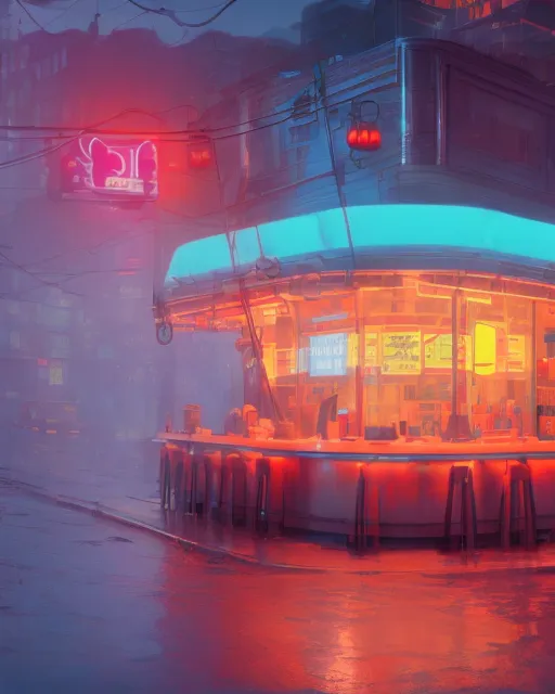 Futuristic diner, rainy, cityscape, digital painting, digital illustration, extreme detail, digital art, 4k, ultra hd, futuristic, glowing neon, retro, iridescent, synesthesia, vapor, hayao miyazaki, isometric 3d