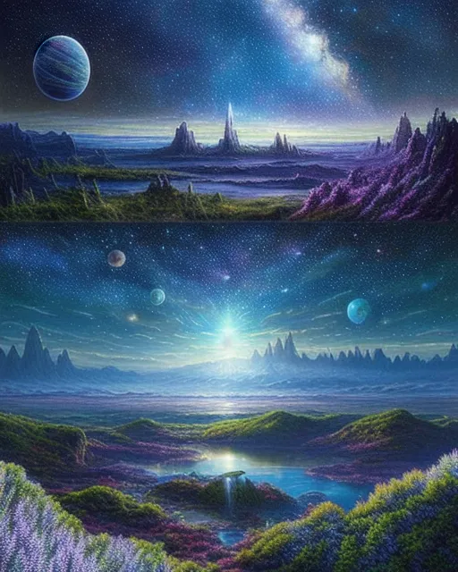 , beautiful fantasy landscape,  realistic and natural,  cosmic sky,  detailed full-color,  nature,  hd photography,  fantasy by john stephens,  galen rowell,  david muench,  james mccarthy,  hirō isono,  realistic surrealism,  elements by nasa,  magical,  detailed,  alien plants,  gloss,  hyperrealism, beautiful fantasy landscape,  realistic and natural,  cosmic sky,  detailed full-color,  nature,  hd photography,  galen rowell,  david muench,  james mccarthy,  hirō isono,  realistic surrealism,  elements by nasa,  magical,  detailed,  gloss,  hyperrealism, three moons, visible galaxies