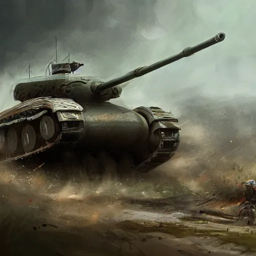 Tank crossing battlefield - AI Photo Generator - starryai