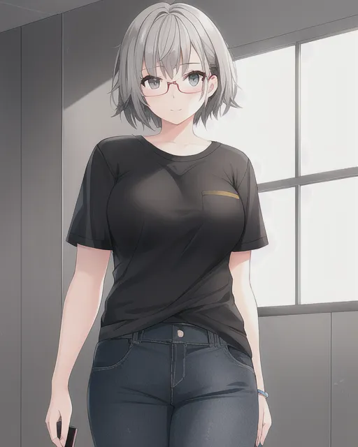 Teenager girl, grey short hair, dull eyes, glasses