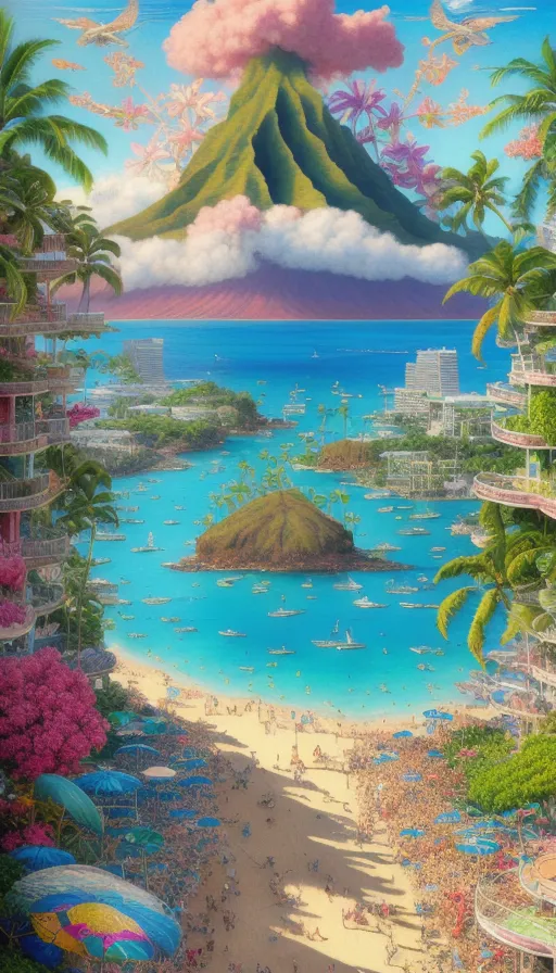 Hawaii paradise lots of beach and fun, digital painting,  digital illustration,  extreme detail,  digital art,  4k,  ultra hd, digital painting, matte painting, trending on artstation, beautiful, colorful, detailed, bob byerley, ko young hoon, digital painting, storybook illustration, screen printing, art nouveau, futurism, post-impressionism, surrealism