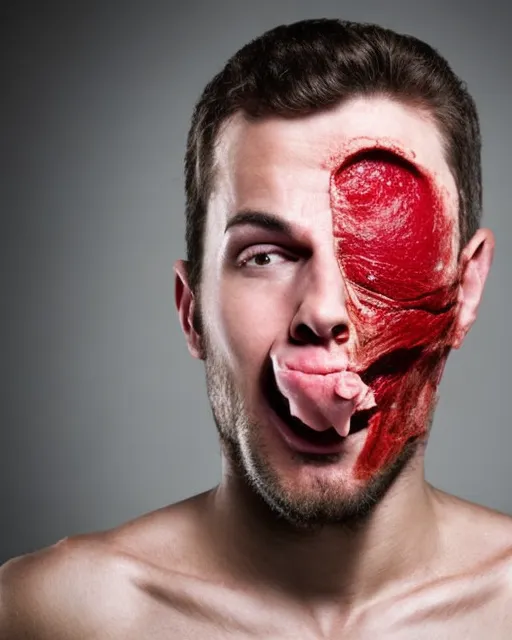 Man ripping flesh off face to reveal he is a robot