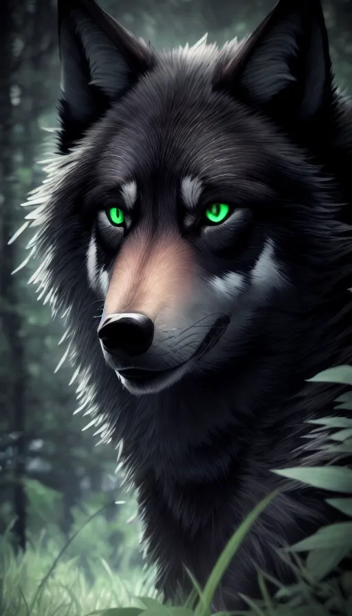 Portrait Of Realistic Black Wolf With Green Eyes, Clear Eyes, Wild, Background Is Dark Woody, Trending On Artstation, Moon, Unreal Engine 5, Extremely Detailed, Uhd, 4k, 8k, Hd, Sharp, Full Of Light, Ray Tracing