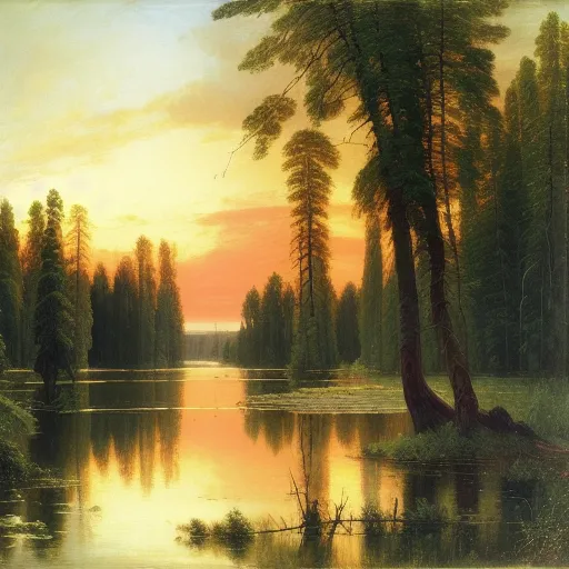 A lake near forest, ivan shishkin, john constable, albert bierstadt, beautiful, crepuscule, hyperdetailed, twilight