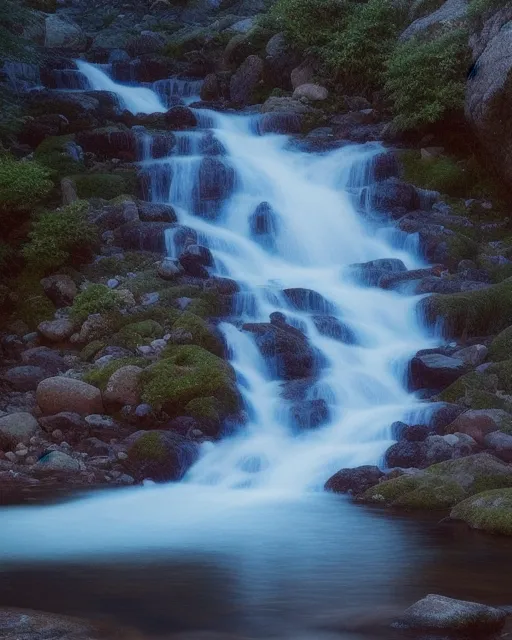 The magnificent waterfall cascaded down the rocky mountain, shimmering in the moonlight above. The water rippled and flowed, creating a delicate, glistening mist that enveloped the rocks and trees around it. The sound of the water was hypnotic, and the way it danced and sparkled in the moonlight was truly enchanting. The mountain stream below flowed calmly, the water crystal clear, reflecting the moon's glow, and completing the picturesque scene.