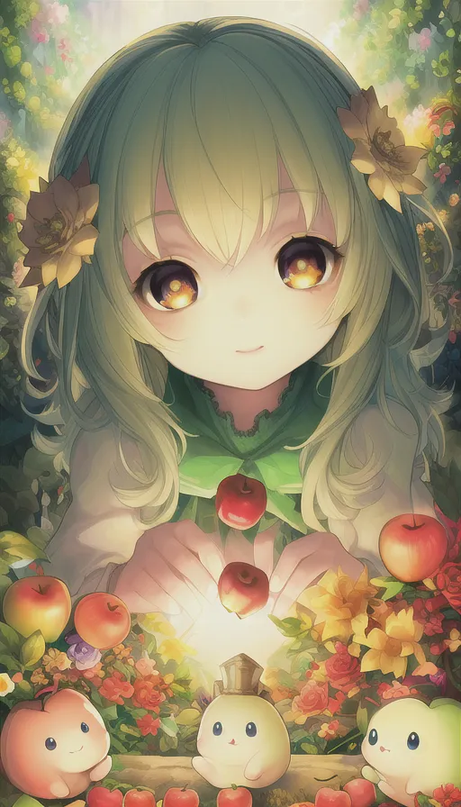 Close-up portrait, cute little hedgehog, big bright eyes, kind face, apples, dynamic lighting, luminous flowers, mysterious garden, beautiful flowers, stars, magic