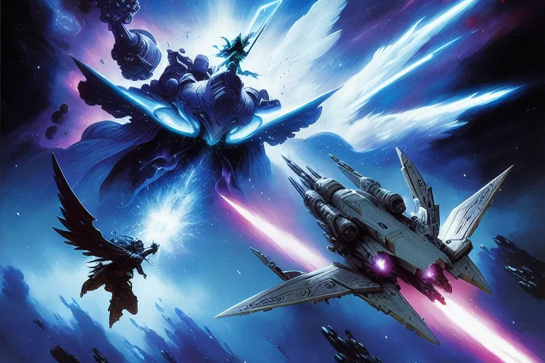 Epic space battle a bright nebula - Free AI Photo Generator - starryai