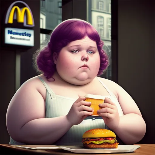 The fattest woman on earth eating McDonald's, Anna Dittmann, seb mckinnon, national geographic photo, photorealistic, wlop, bob byerley, alyssa monks, raffaello sanzio, rene magritte, unity 3d, 3dsmax, imax, behance hd, national geographic photo