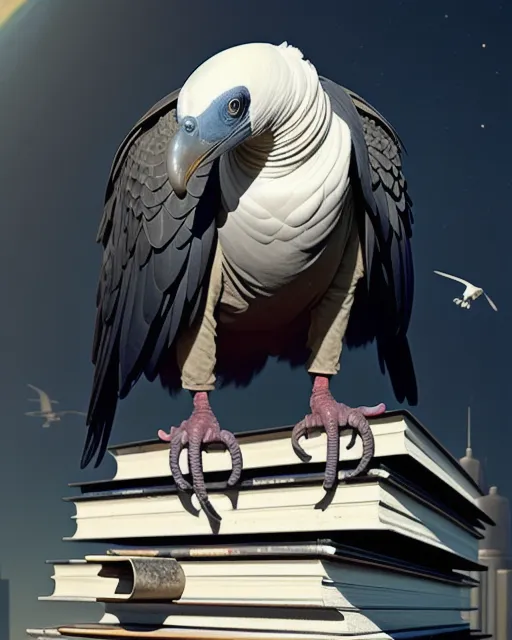 A realistic vulture perched on a pile of science fiction books, with a futuristic background.