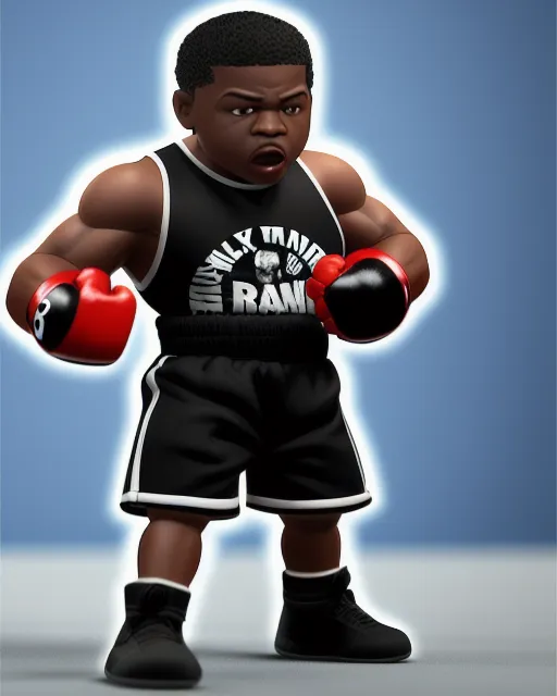 A 3d illustration of a miniature sized black man, animation character, dressed in before a match boxing attire, full of details, background of a modern mobile home park 