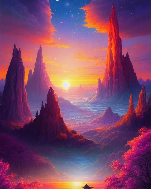 A beautiful sunset, fantasy art, Storybook Illustration, digital painting,  digital illustration,  extreme detail,  digital art,  4k,  ultra hd, beautiful fantasy landscape,  realistic and natural,  cosmic sky,  detailed full-color,  nature,  hd photography,  fantasy by john stephens,  galen rowell,  david muench,  james mccarthy,  hirō isono,  realistic surrealism,  elements by nasa,  magical,  detailed,  alien plants,  gloss,  hyperrealism, beautiful, trending on artstation, octane render