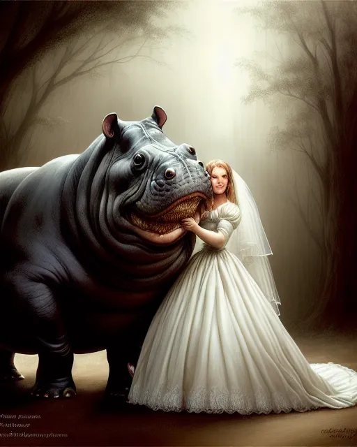 Anthropomorphic Hippo wearing a dress AI Photo Generator starryai