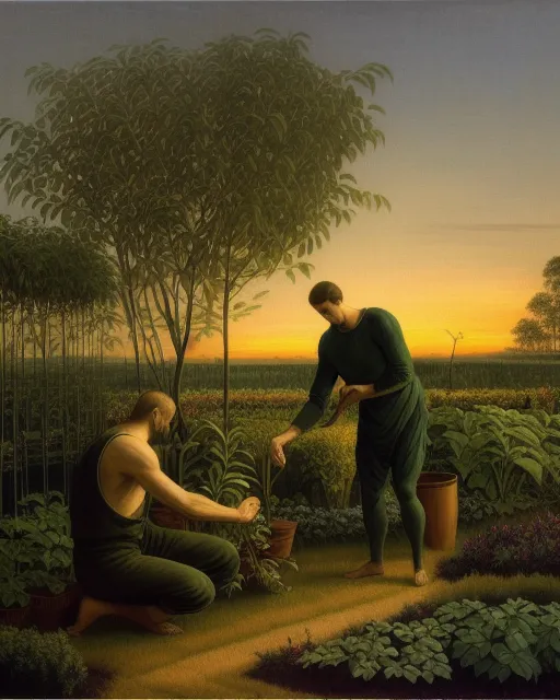 Plant+man tending to human gardens, serene, landscape, twilight, mysterious