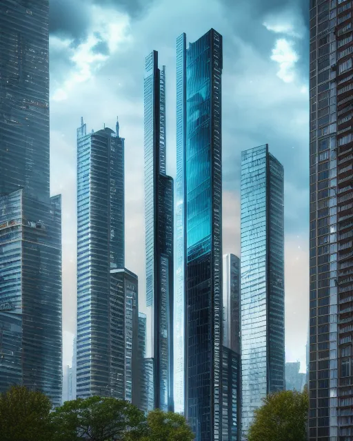 A city of impossibly tall buildings seen from street level, beautiful surreal building in a landscape,  luxury residential property,  real estate photography,  cosmic sky,  detailed,  realistic,  natural light,  full-color,  dreamscape aesthetic,  surreal fantasy building,  hd photography,  house and garden,  dwell designs,  architectural digest, national geographic photo, futuristic, complex, hyperdetailed, intricate, photorealistic, tornadic, street photography, cyberpunk 