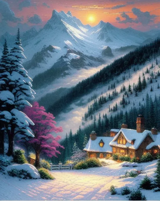Thomas kinkade, snowy mountain - Free AI Photo Generator - starryai