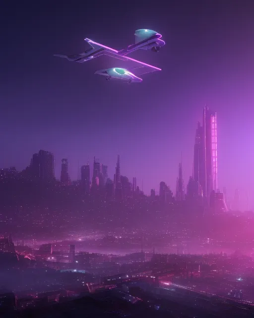 The futuristic city with flying cars in night time with us flying bus with a purple moon