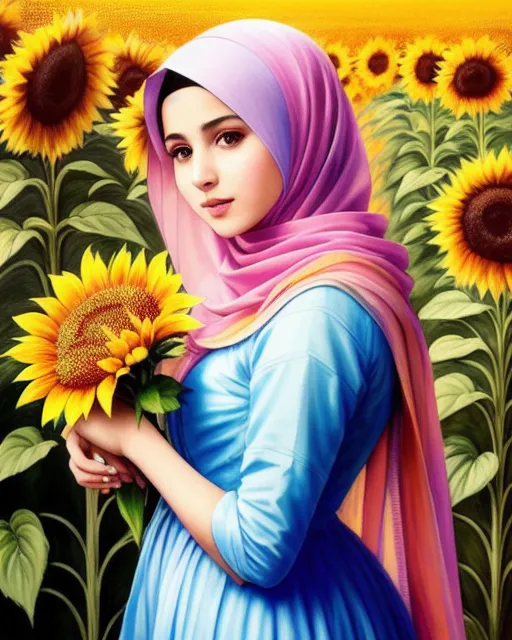Intricate Painting of beautiful princess in hijab, wearing a dress made of colorful books, smelling the sunflower in the garden, dynamic pose, close-up, serene, feminine, radiant beauty, beautiful face, rosy cheeks, elegant hands, radiant, vivid, white pink blue violet orange green vibrant gradient colors, oil painting, textured paint, pre-raphaelitism, fine art, impressionism, By Vincent Romero, by Konstantin Razumov, by vittorio reggianini, by john william waterhouse, by Vladimir Volegov, by Susan Rios, surrealism, watercolor