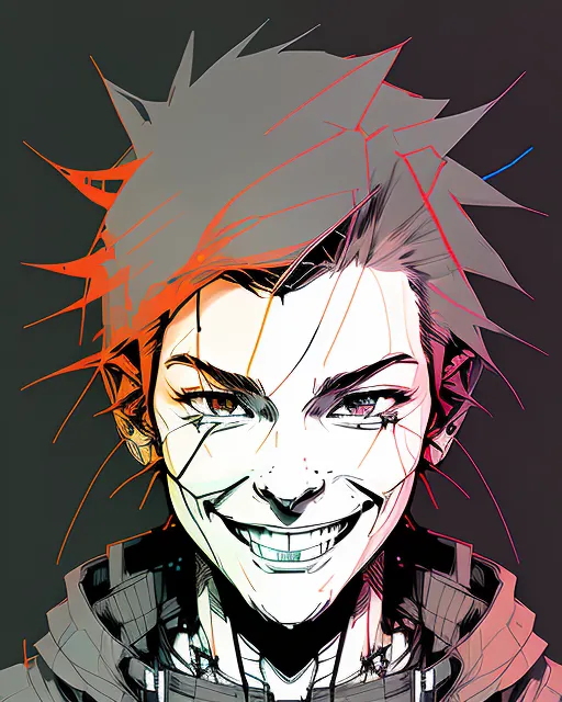 /gen smile, solo, grin, teeth, male_focus, 1boy, red_eyes, looking_at_viewer, snow, spot_color, black_hair, sharp_teeth, greyscale