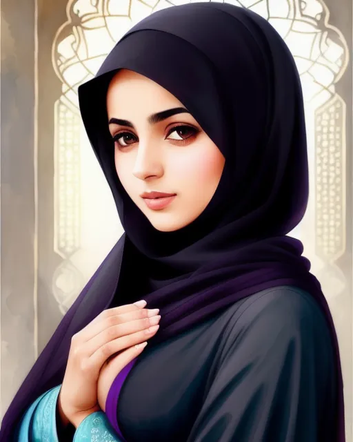 Devout Beautiful Muslim woman wearing a Hajib, praying to Allah, dark eyes, soft features, wearing a dress that covers whole body, by Tim burton, Highly Detailed, Digital Painting, beautiful detailed doe eyes, Elegant, Portrait, Colourful, Artgerm, Alphonse Mucha, Ilya Kuvshinov, Watercolor, Ink Painting, beautiful watercolor painting,  realistic,  detailed,  painting by olga shvartsur,  svetlana novikova,  fine art,  soft watercolor, beautifully drawn hands, proportionate fingers, with a wide-angle camera lens, shallow depth of field, soft lighting effects