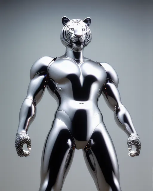 Iron Tiger.                                  hyperrealism, hyperdetailed, Hajime Sorayama, metallic, reflective, action, photographic, electric 