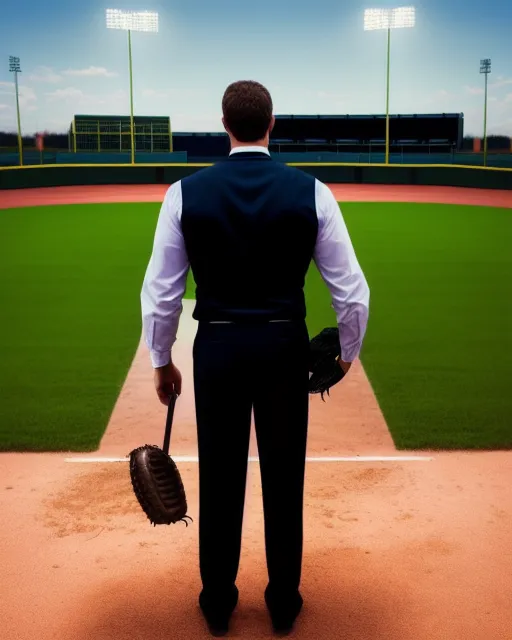 a business man standing and behind his there is a baseball field