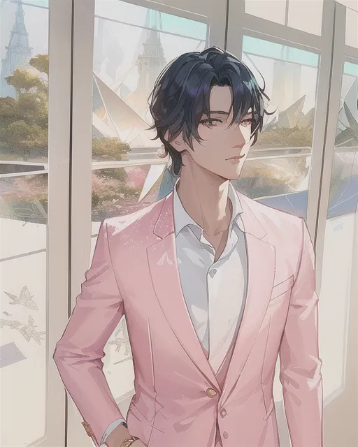 Dynamic poses. anime guy in thin pink suit