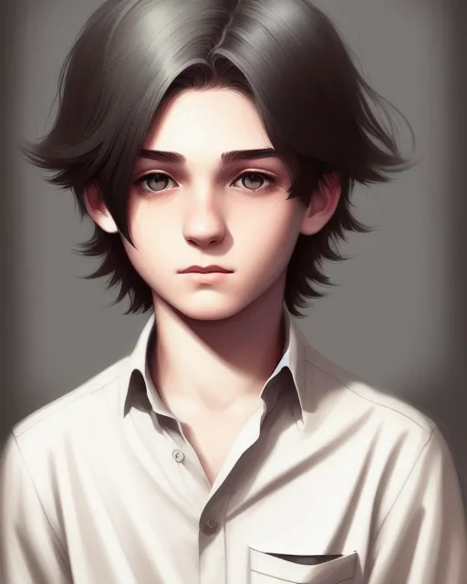 , digital painting,  digital illustration,  extreme detail,  digital art,  4k,  ultra hd, charlie bowater, trending on artstation A boy with straight  short hair with fair skin age like 16 . Wearing white colour shirt 