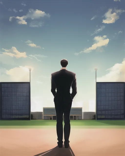 a business man standing and behind his there is a baseball field