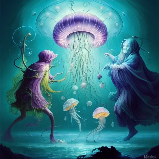 Jellyfish Wizards Battling Deep. - Free AI Photo Generator - starryai