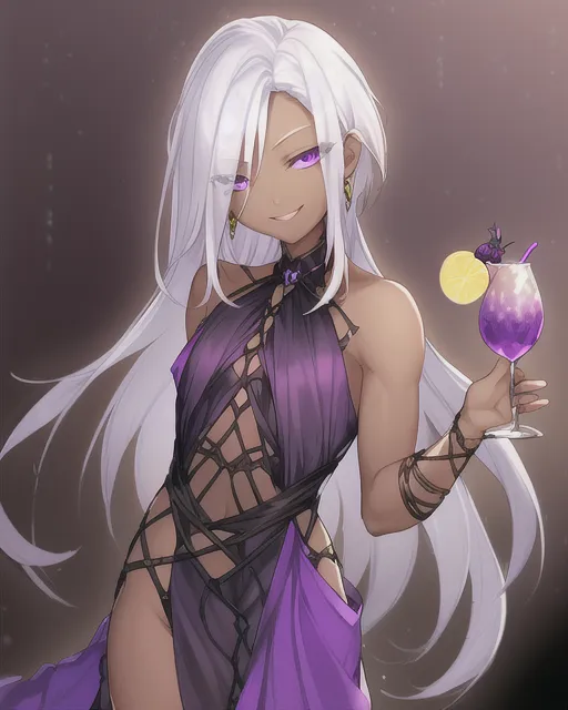 androgynous human with dark brown skin, purple eyes shoulder length hair, white hair, cocktail dress style clothing, mischievous smile