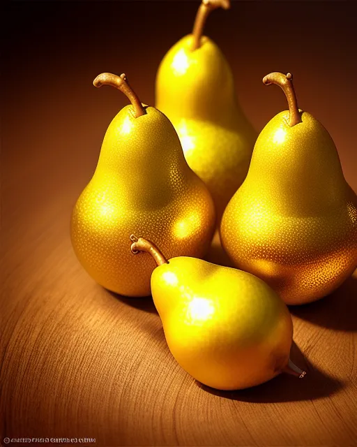 Golden pears, shiny, magical, extreme detail, hyper realistic, 4k, ultra hd, 8k digital photography, intricate, complex, perfect light, dynamic, impeccable digital art, sharp, focused, high resolution, cinematic