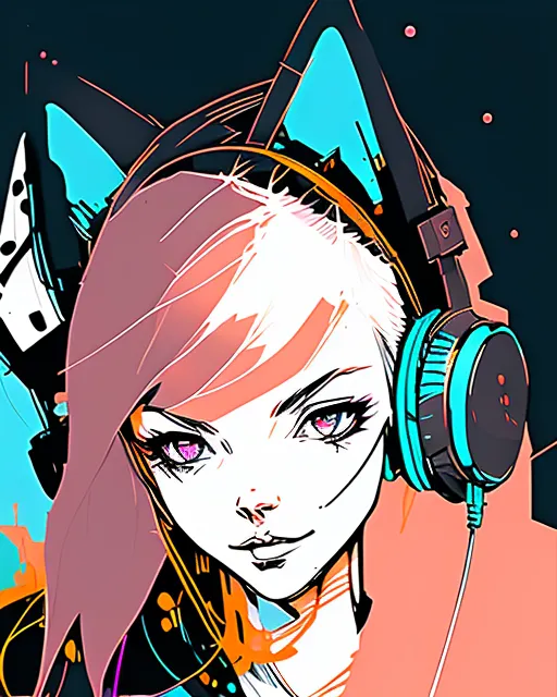 Cat girl headphones on, digital - Free AI Photo Generator - starryai